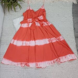 Metro 7 Women's Coral & White Tie-Dye Spaghetti-Strap Midi Sundress w/ Waist Tie